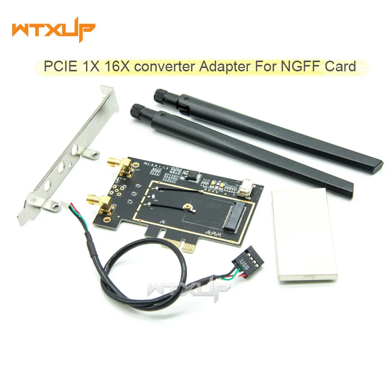 NGFF M2 Wireless Card convert to PCI-E 1X 4X 8X 16X Desktop Bluetooth Converter Adapter with 2 AC Antenna for Intel AX200 9260AC
NGFF M2 Wireless Card convert to PCI-E 1X 4X 8X 16X Desktop Bluetooth Converter Adapter with 2 AC Antenna for Intel AX200 9260AC