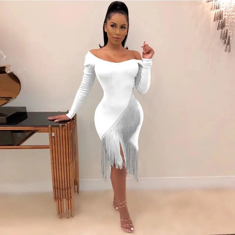 Women Sexy Fringe Party Night Club Dresses Autumn Long Sleeve Bodycon Dress Black White Midi Dress
Women Sexy Fringe Party Night Club Dresses Autumn Long Sleeve Bodycon Dress Black White Midi Dress