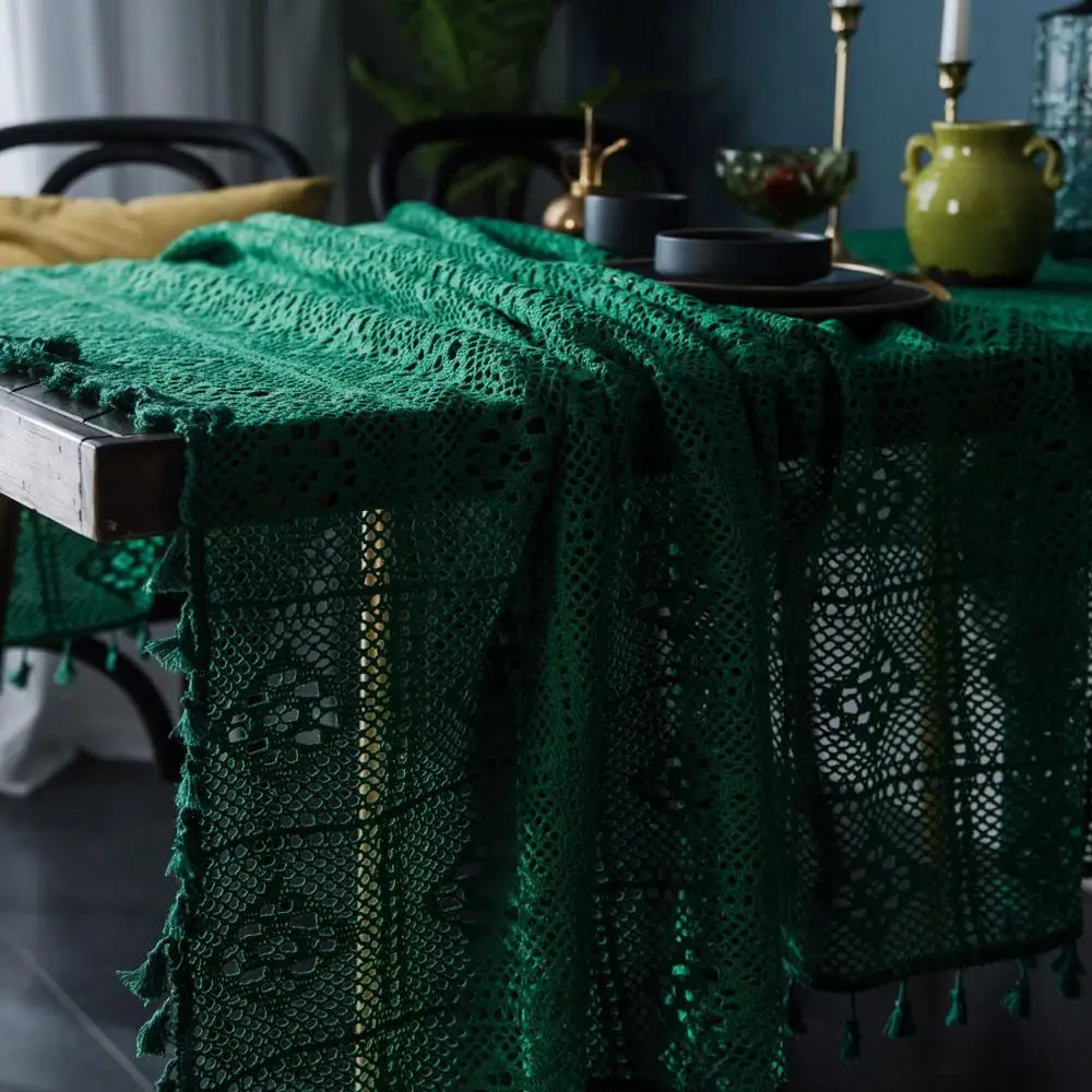 

Green Openwork Table Cloth handmade knitting Tassel Cotton Tablecloth Dining Round Table Cover American country style Home Decor