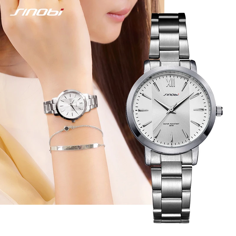 Женские часы SINOBI элегантные брендовые Роскошные Серебристые кварцевые от