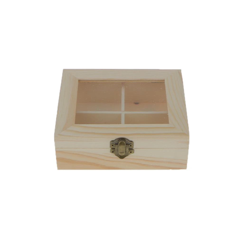 Natural 4 Grids Unpainted Wood Jewelry Storage Box Chest Case With Glass Lid Natural 4 Grids Unpainted Wood Jewelry Storage Box Chest Case With Glass Lid