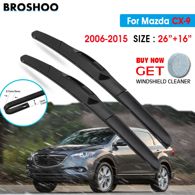 

Car Wiper Blade For Mazda CX-9 26"+16" 2006-2015 Auto Windscreen Windshield Wipers Blades Window Wash Fit U Hook Arms