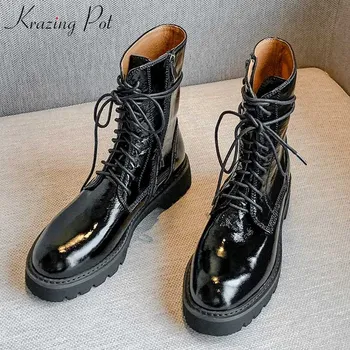 

krazing pot black colors genuine leather round toe med heels side Zipper daily wear winter keep warm women mid-calf boots L60