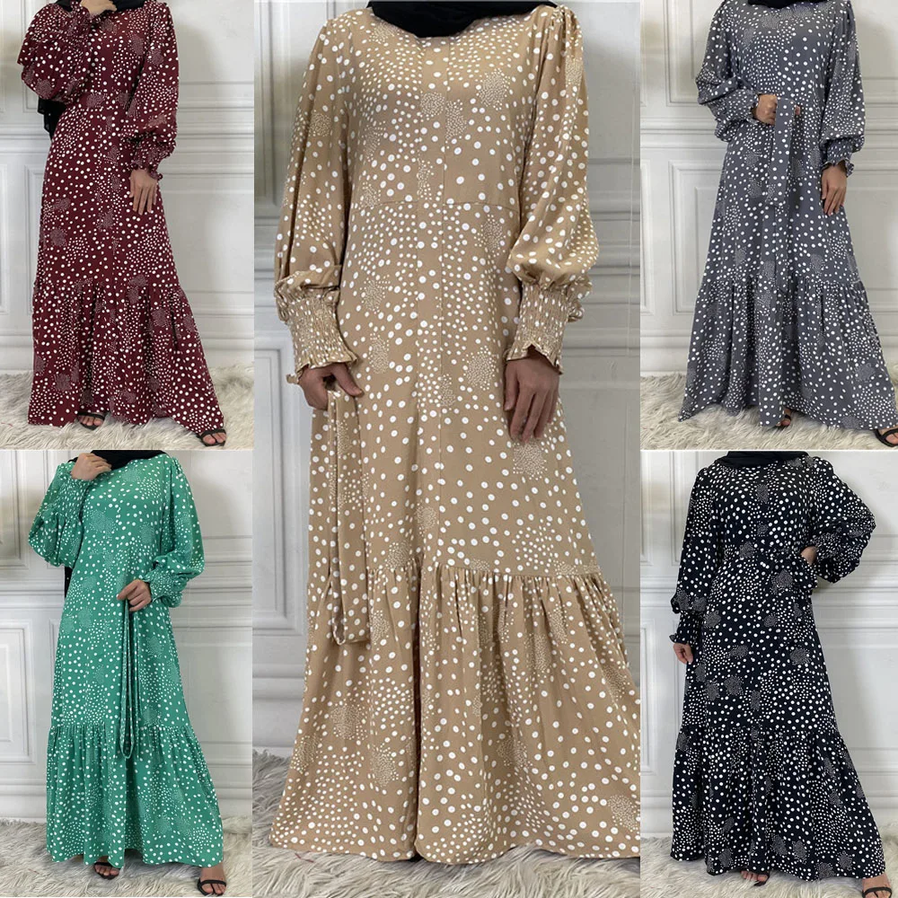 

Dubai Vintage Turkish Muslim Women's Long Dress Arabic Abaya Islamic Casual Loose Maxi Robe Kaftan Polka Dot Printed Robe Gown