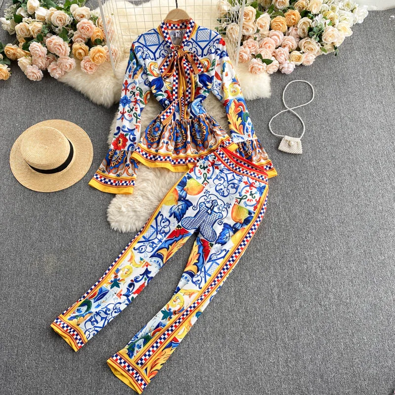 

New Autumn Ladies Retro Printing Two Piece Trousers Set Full Sleeve Shirt High Waist Pants Fashionable Runway 2 Pcs Suit