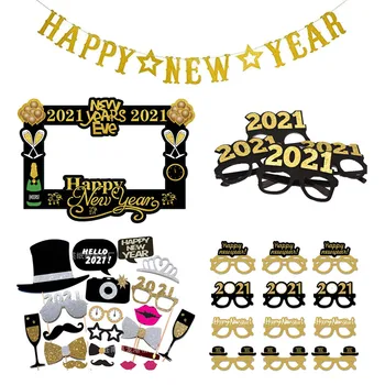 

2021 Happy New Year Decoration Photo Booth Frame Props Balloons Gold Black Banner Garland Navidad New Year Eve Party Supplies