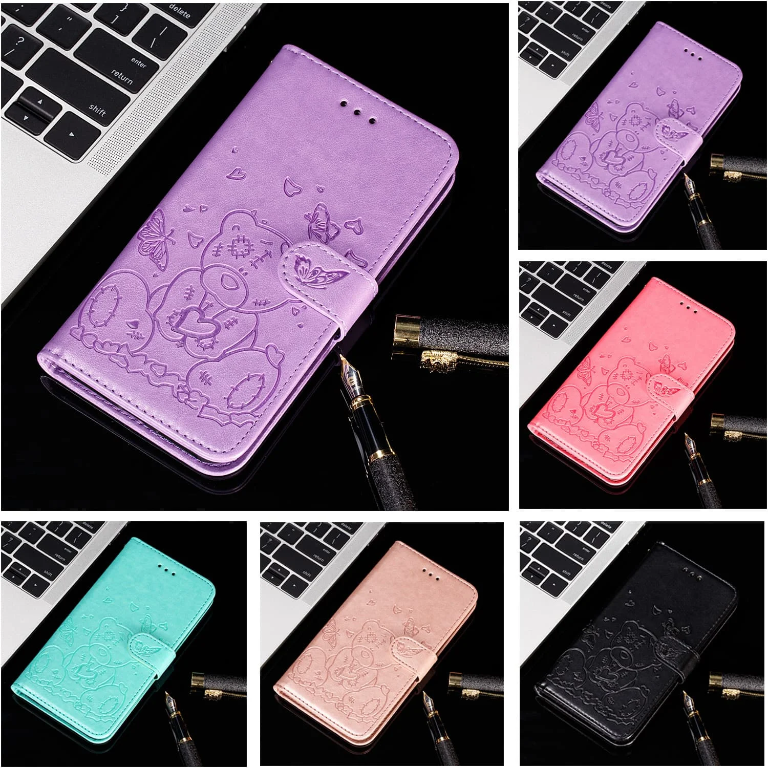 

Luxury 3D Embossed Bear Batterfly Wallet Case for Samsung Galaxy A 10 20 30 40 50 70 S E M10 A20e A50 A70 Flip Leather Cartoon