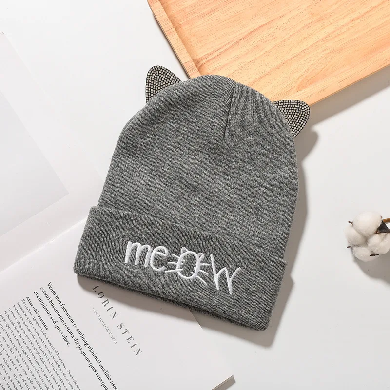 Women Solid Beanie with Cute Cat Ears with Stones and Embroidery Words Ladies Girls Knitted Warm Winter Hat Grey Black Hats
Women Solid Beanie with Cute Cat Ears with Stones and Embroidery Words Ladies Girls Knitted Warm Winter Hat Grey Black Hats