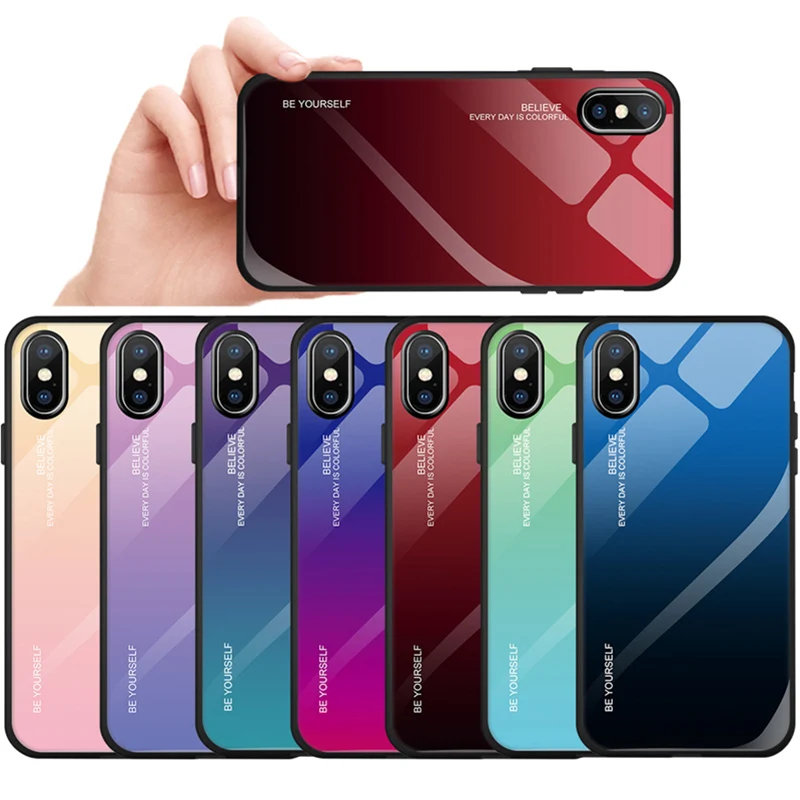 Gradient Colorful Tempered Glass Case for iPhone 7 8 Plus 6 6S Smartphone Full Cover Stained Glossy XR X XS Max | Мобильные телефоны