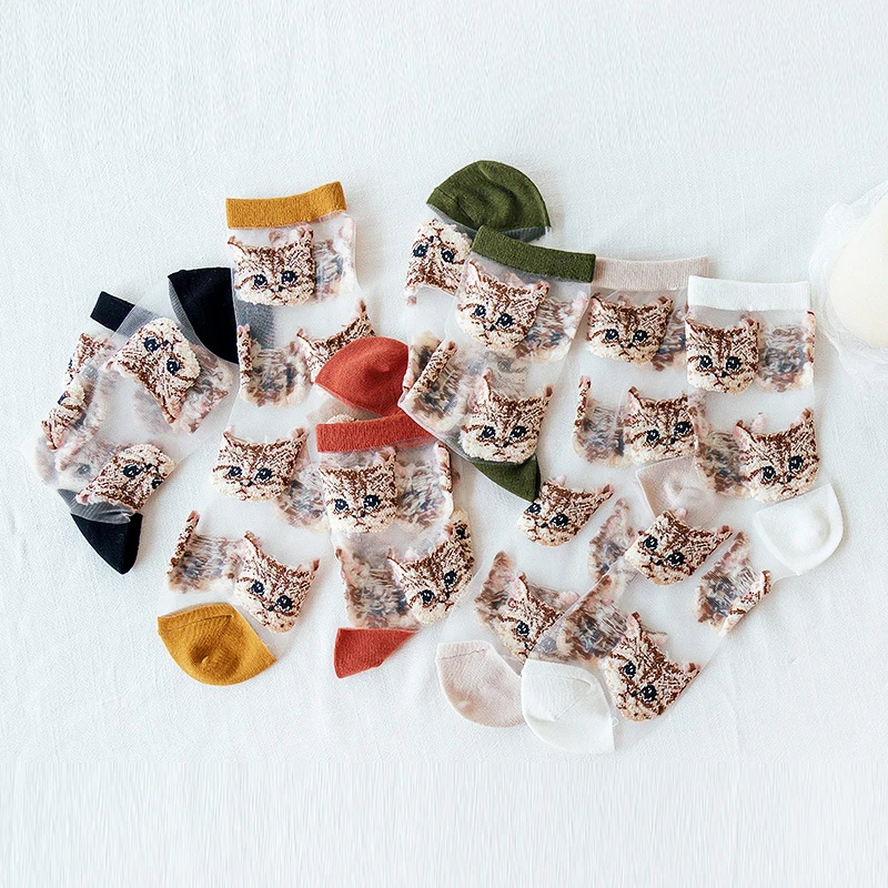 Animal Embroidery Cat Socks Summer Transparent Glass Silk Cotton thin Socks Women Mesh Sexy Glitter Short Lady Sock Female 
Animal Embroidery Cat Socks Summer Transparent Glass Silk Cotton thin Socks Women Mesh Sexy Glitter Short Lady Sock Female