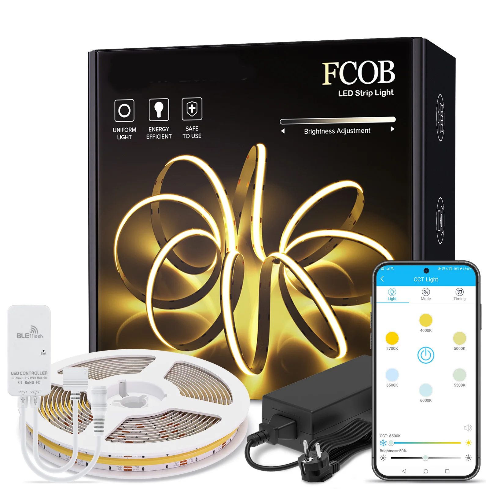 FCOB CCT LED Light Strip Kit Mini Bluetooth APP Warm White with Dimmable High Density Flexible COB RA90 Led Lights DC24V | Освещение