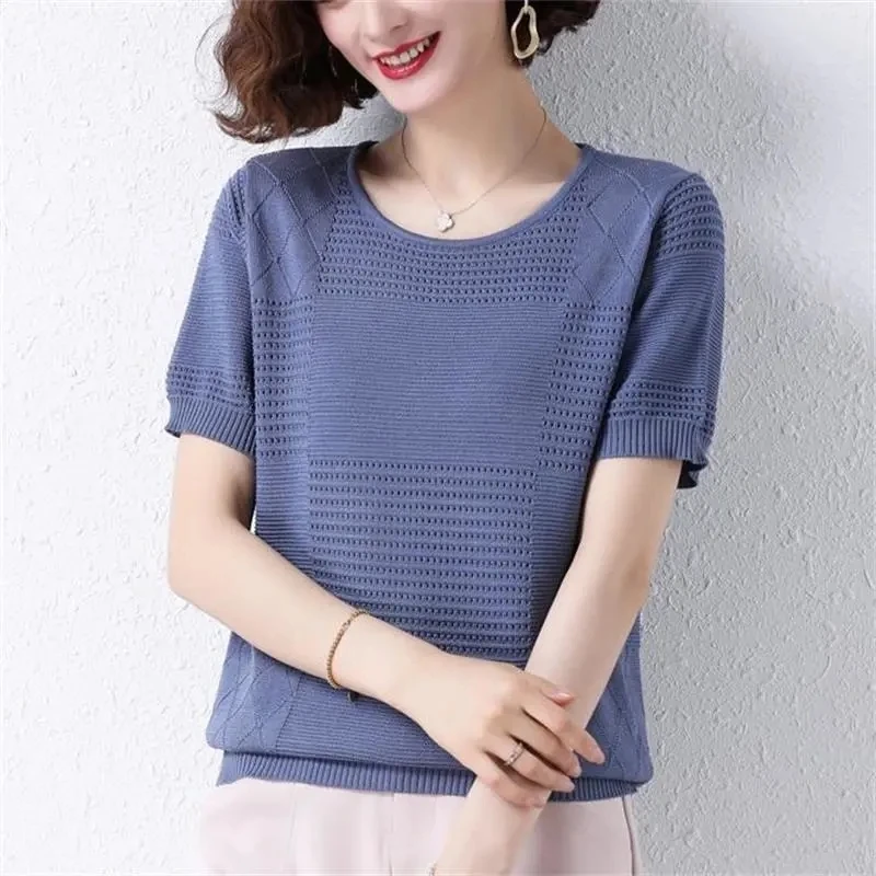 

Summer Thin Hollow Out O-Neck Knit T-Shirt Women Solid Short Sleeve Knitwear Tops Fashion Loose Pullovers Large Size 3XL Tee