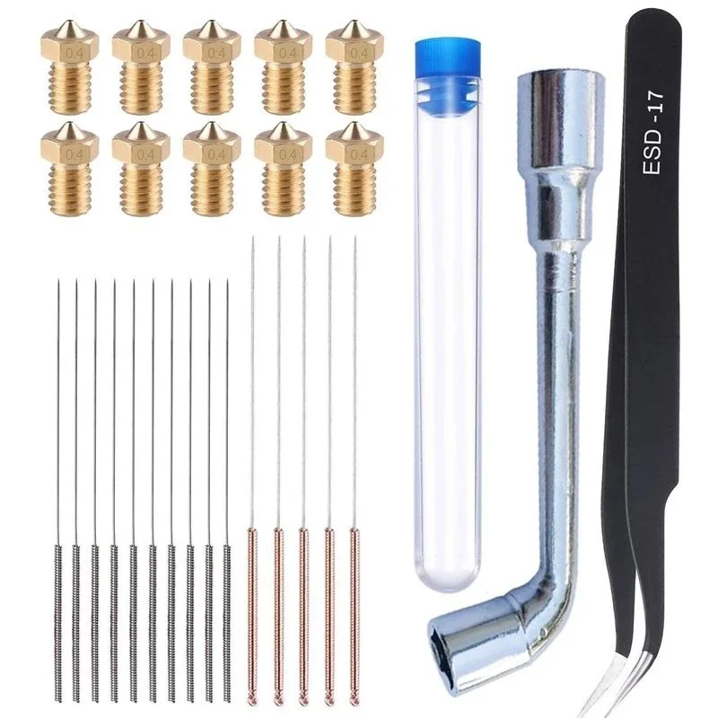 

M6 Brass Extruder Cleaning Kit 10pcs V6 V5 0.4mm Nozzles 15Pcs Needles 1pc Spanner 1pc Tweezer for E3D Makerbot 3D Printer Parts