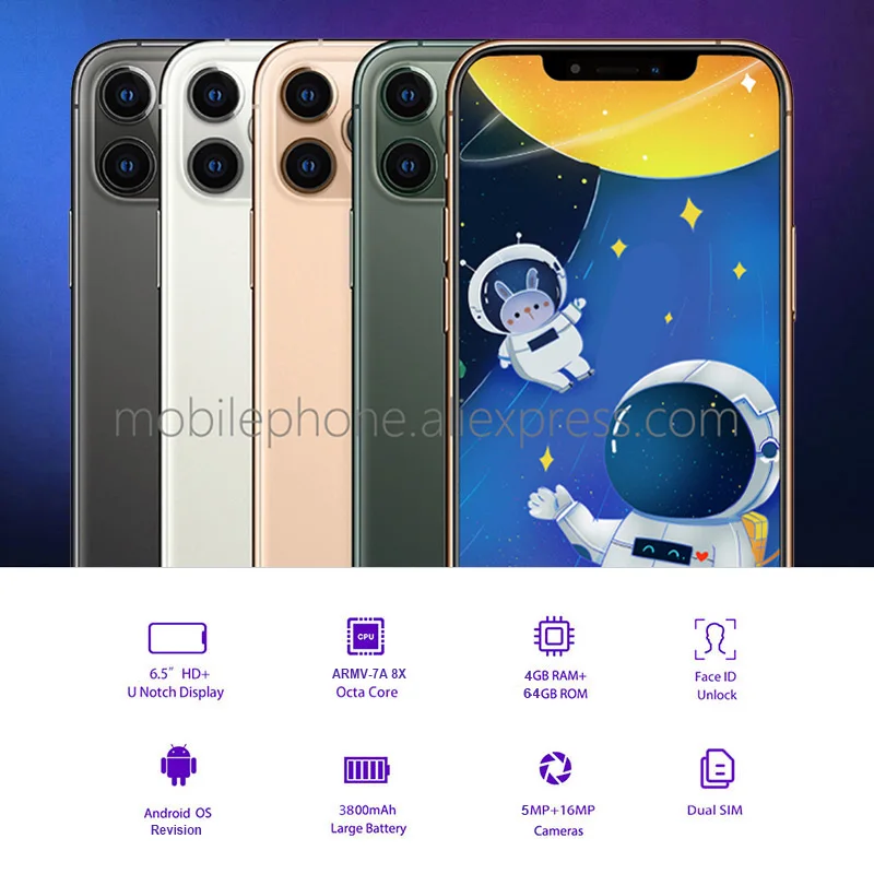 Big Screen 6.5"Inch Dual SIM 16.0M Camera Android Smartphone Face ID Unlocked Mobile Cell Phone Google Play Free Earphone Gift