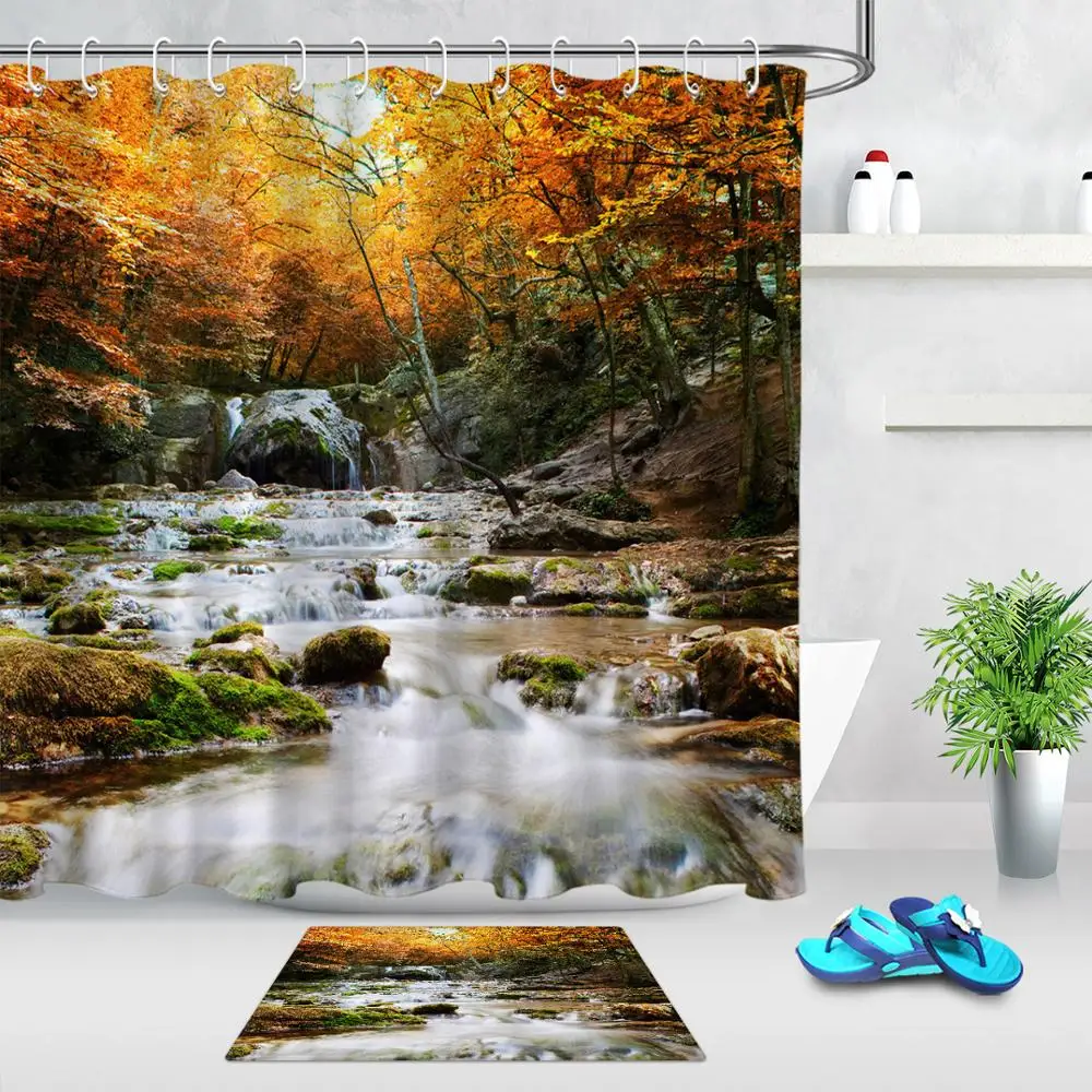 

Fall Jungle Stream Waterfall Natural Scenery Shower Curtain Bathroom Decor Polyester Waterproof Fabric 12 Hooks & Bath Doormat