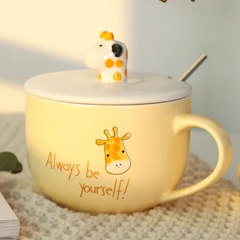 

Large Capacity Breakfast Ceramic Mug with Spoon Cover Cartoon Giraffe Porcelain Panda Kids Cup Cute Children Mugs Gift MM60MK