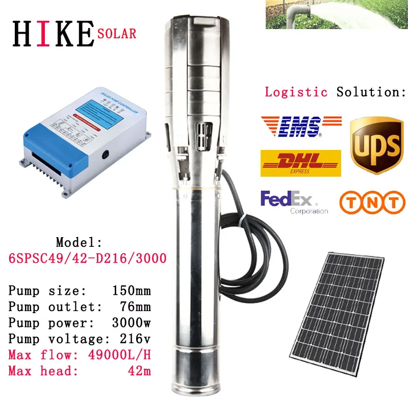 

Hike solar equipment 6" solar water 4HP DC Brushless 216V water pump Max flow 49000 Litre solar pump 6SPSC49/42-D216/3000