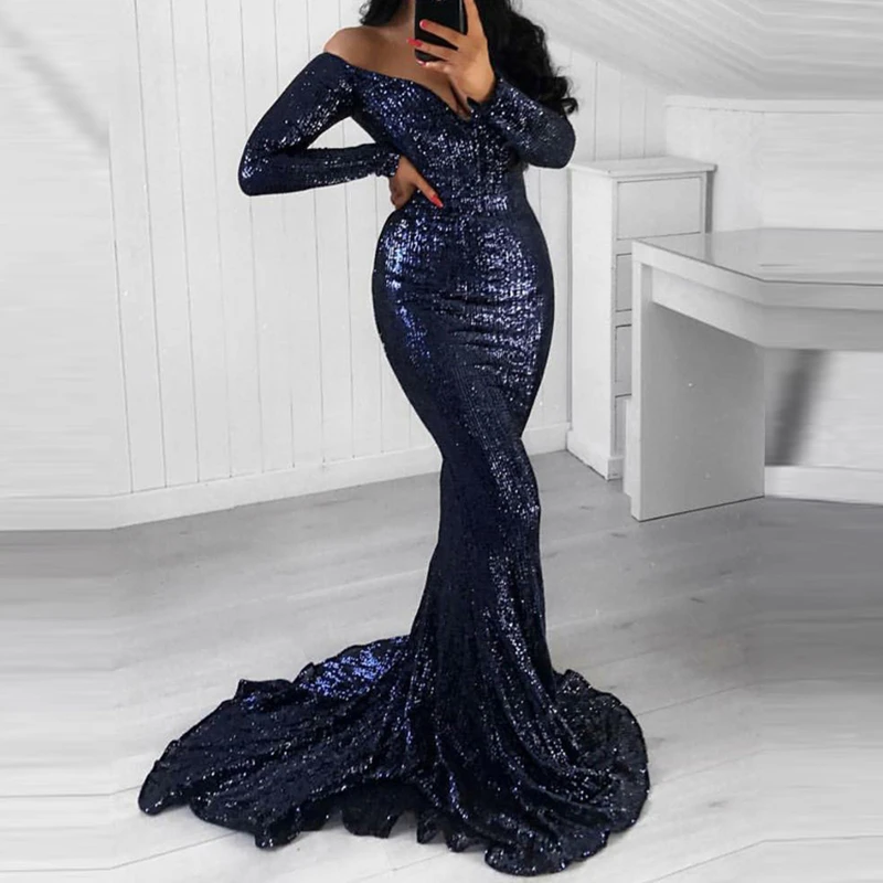 Dark Navy V Neck Long Sleeves African Elegant Sequins Evening Dress Mermaid With Court Train Party Formal Women Evening Dresses
Dark Navy V Neck Long Sleeves African Elegant Sequins Evening Dress Mermaid With Court Train Party Formal Women Evening Dresses