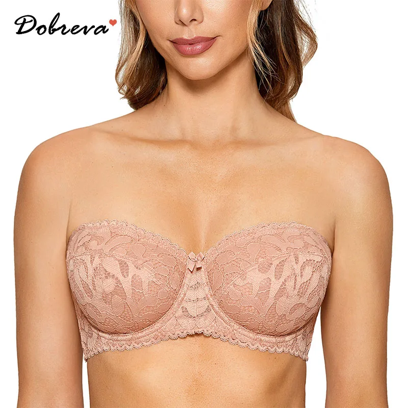 

DOBREVA Women's Strapless Unlined Lace See Through Balconette Bra Underwire Plus Size Bralette