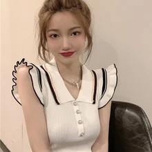 T Shirt Female Crop Tops Summer Fashion Korean Slim Women Turn-down Collar Knitted T-shirts Sleeveless Ruffles Tee Shirt Femme 
T Shirt Female Crop Tops Summer Fashion Korean Slim Women Turn-down Collar Knitted T-shirts Sleeveless Ruffles Tee Shirt Femme