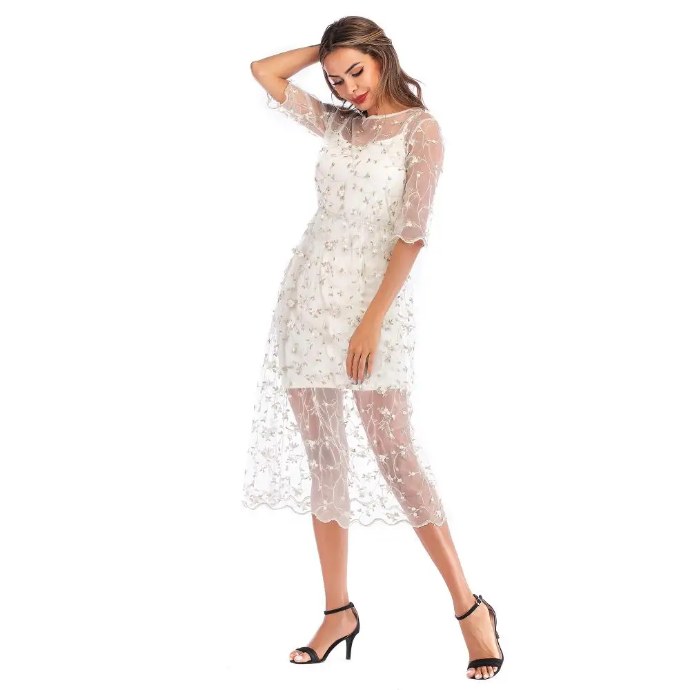 

Gauze shivering Dress Ladies dress women color Casual fashion Dresses Lace Party pringting Five sleeve Suspender white cultiva