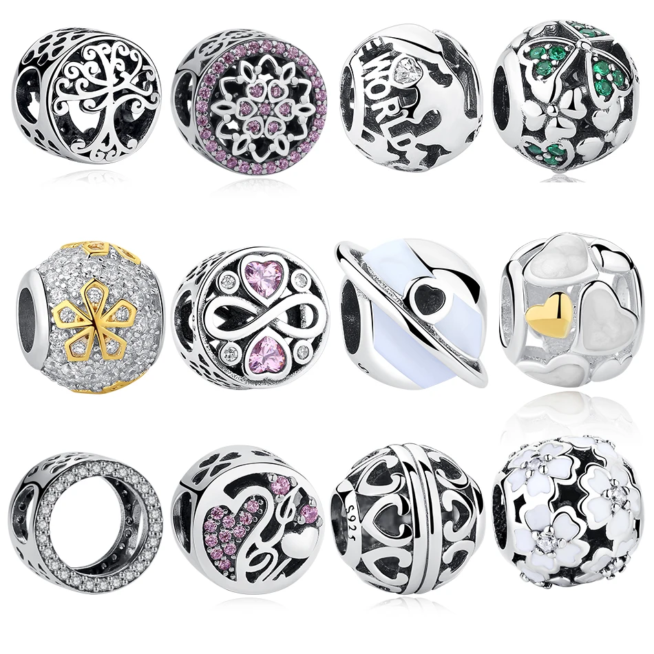 

Fit Original Pandora Charm Bracelet 925 Sterling Silver Forever Round Charm Crystal World Clover Flower Heart Beads DIY Jewelry