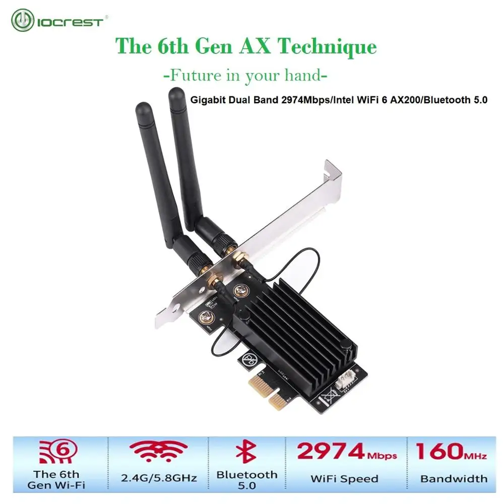 IOCREST Dual band 2974Mbps Wifi6 Intel AX200 2.4G/5Ghz 802.11ac/ax Bluetooth 5.0 PCIe Wireless Wifi Adapter Card Desktop PC
IOCREST Dual band 2974Mbps Wifi6 Intel AX200 2.4G/5Ghz 802.11ac/ax Bluetooth 5.0 PCIe Wireless Wifi Adapter Card Desktop PC