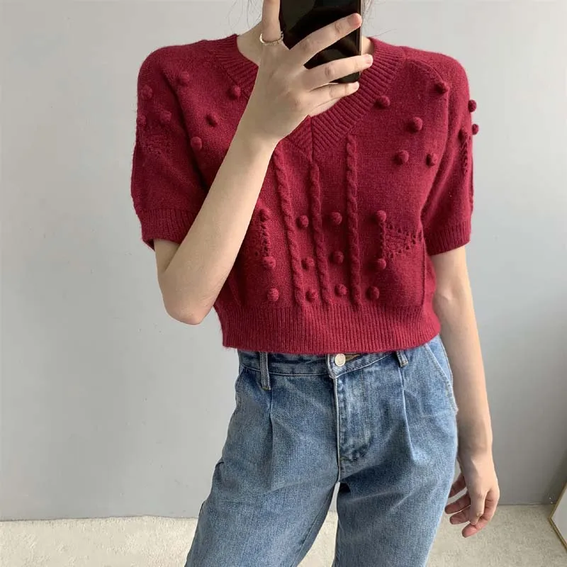 J298 New Chic Short Design Cute Ball Hollow Out V Neck Short Sleeve Wool Blends Sweater Janpense Sylish Sweet Knitted Tops
J298 New Chic Short Design Cute Ball Hollow Out V Neck Short Sleeve Wool Blends Sweater Janpense Sylish Sweet Knitted Tops