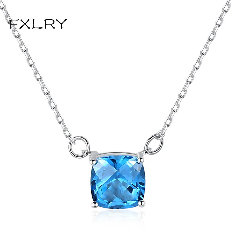 

FXLRY Elegant Micro-inlaid Blue Zircon Pendant Necklace for Women Square Shaped Charming Necklace Wedding Jewelry