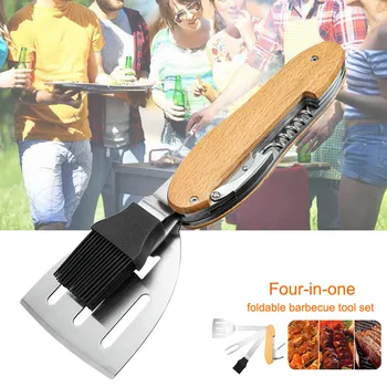 

BBQ Grilling Tools Set 4 In 1 Bottle Opener Portable Camping Spatula Cooking Foldable Fork Multifunctional Home Barbecue Brush