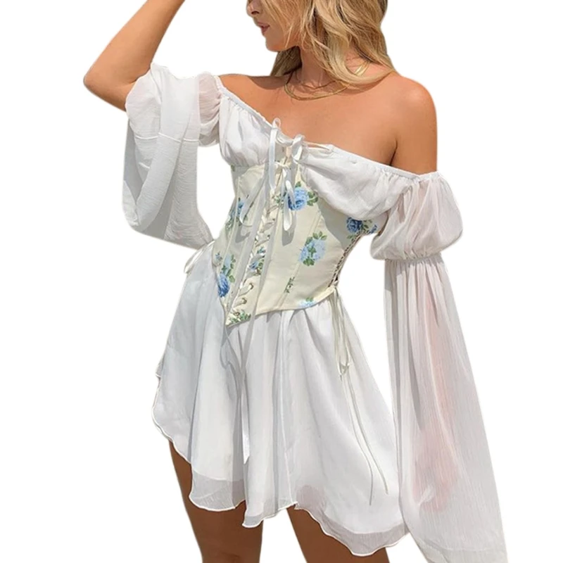 Off Shoulder Chiffon Dress Long Flared Sleeves Corset Women Clothing Summer Skirt Strapless with Hollow Waist Knee Blow
Off Shoulder Chiffon Dress Long Flared Sleeves Corset Women Clothing Summer Skirt Strapless with Hollow Waist Knee Blow