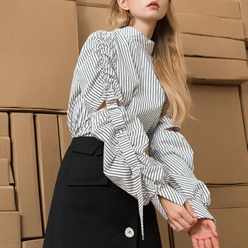 Women Blouse Stand Collar Stripe Print Lace-up Long Sleeves Womens Tops and Blouses Blusas Mujer De Moda 2019
Women Blouse Stand Collar Stripe Print Lace-up Long Sleeves Womens Tops and Blouses Blusas Mujer De Moda 2019