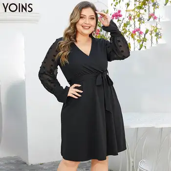 

YOINS Vintage Women Dress Belt Mesh V-neck Long Sleeves Wrapped Plus Size Dress 2020 Elegant Female Midi Dresses Autumn Vestidos