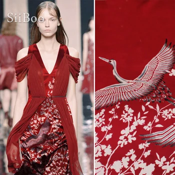 

Luxury red with floral crane positioning print spandex silk fabric for dress satin silk tissu telas tecido stoffen 19mm SP5135