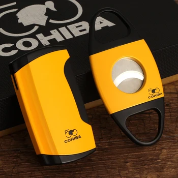 COHIBA Lighter Gas 2 Jet Torch Flame Lighter Cigar Cutter Sharp Scissors Cigar Accessories Set For Cigars