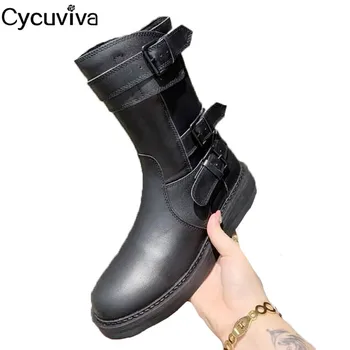 Genuine Leather Mid Calf Chelsea Boots Women Leather Belt Casual Ladies Shoes Thick Sole Flat Knight Boots Platform Botas Mujer
Genuine Leather Mid Calf Chelsea Boots Women Leather Belt Casual Ladies Shoes Thick Sole Flat Knight Boots Platform Botas Mujer