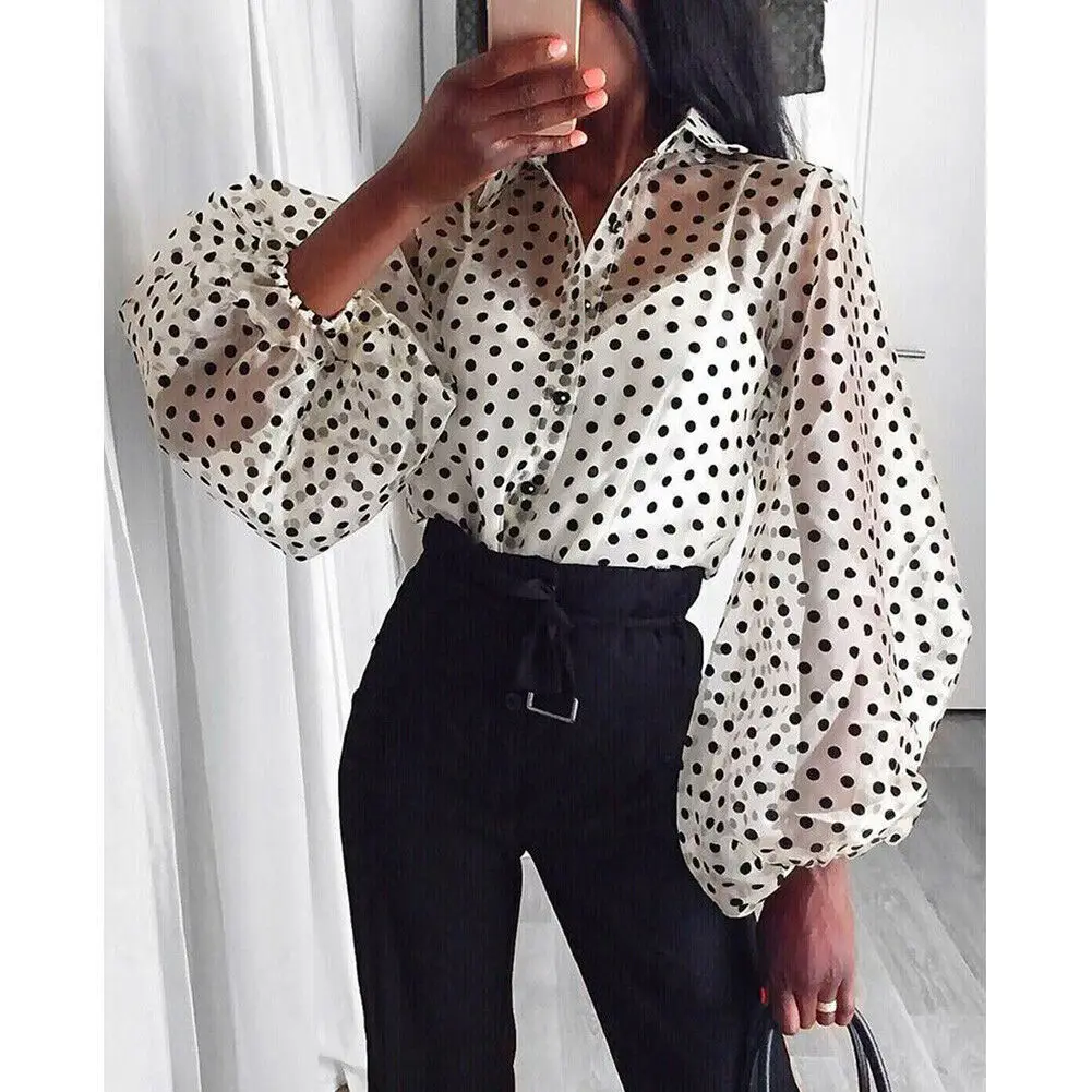 Women Vogue Polka Dot Retro Mesh Blouse Puff Sleeve OUT0889 Women Vogue Polka Dot Retro Mesh Blouse Puff Sleeve OUT0889