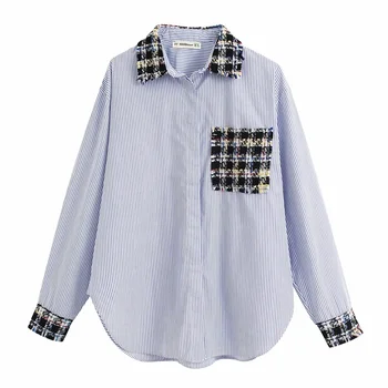 2020 spring and summer women's new long-sleeved lapel concealed twill tweed stitching loose vertical striped shirt
2020 spring and summer women's new long-sleeved lapel concealed twill tweed stitching loose vertical striped shirt