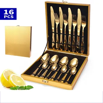 Tableware Dinner Set Stainless Steel Golden Cutlery Steak Knife Fork Coffee Spoon Teaspoon Dinner Knife Dinnerware Wooden Box
Tableware Dinner Set Stainless Steel Golden Cutlery Steak Knife Fork Coffee Spoon Teaspoon Dinner Knife Dinnerware Wooden Box