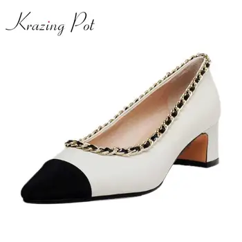 Krazing pot hot mixed colors genuine leather pointed toe med thick heels gentlewomen metal chains decorations party pumps L06
Krazing pot hot mixed colors genuine leather pointed toe med thick heels gentlewomen metal chains decorations party pumps L06