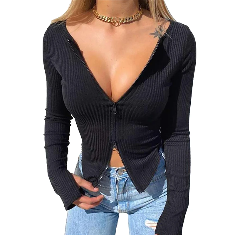 2020 Fashion Casual Women Spring Autumn Clothes Zipper Design Ribbed Crop Tops Sexy Knitted Tunic Style Tee Solid Slim T Shirts
2020 Fashion Casual Women Spring Autumn Clothes Zipper Design Ribbed Crop Tops Sexy Knitted Tunic Style Tee Solid Slim T Shirts