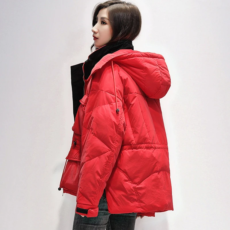 

Women Winter Down Jacket Hooded Overcoat 90% White Duck Down Parka Warm Thickness Hat Detachable Sash Tie Up Outerwear