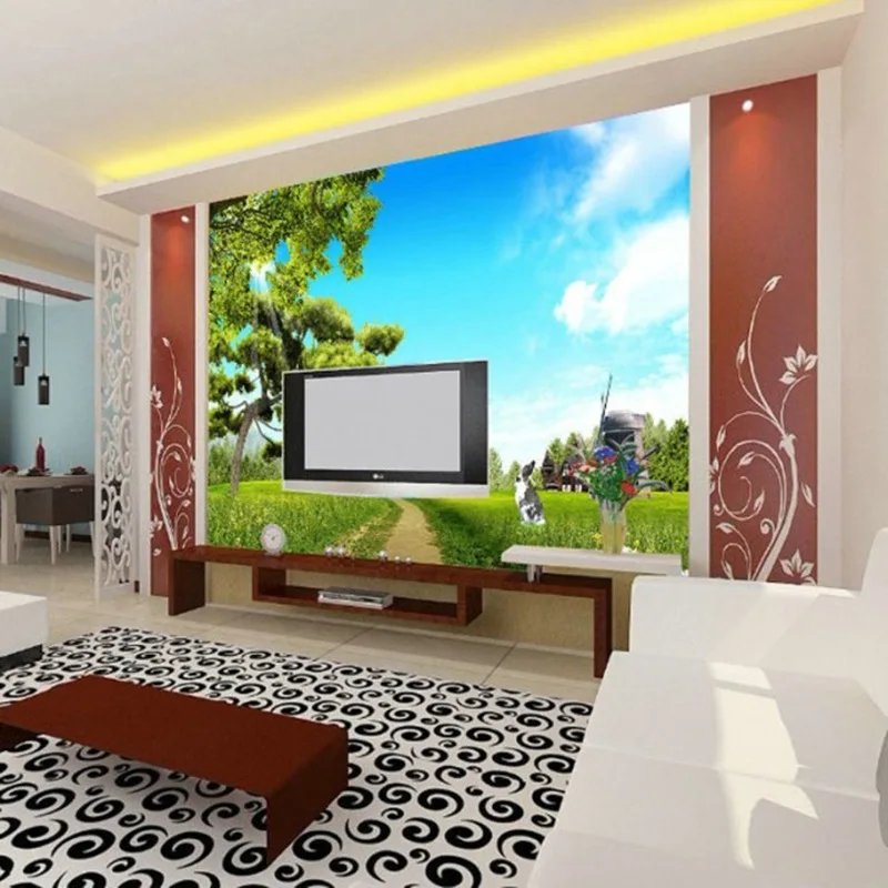 3DCustomized wallpaper mural large natural scenery with blue sky trees behind sofa as background in living room
3DCustomized wallpaper mural large natural scenery with blue sky trees behind sofa as background in living room