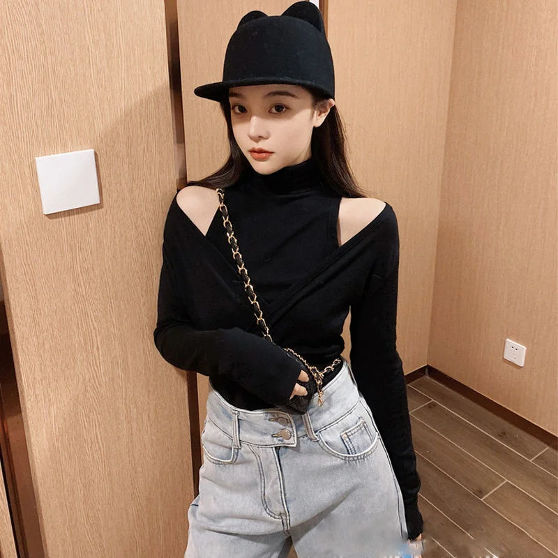 Black Fake Two-piece Off Shoulder Bottomed t Shirt Women tshirt Wear Sexy Slim Long Sleeve T-shirt Outside In Autumn And Winter
Black Fake Two-piece Off Shoulder Bottomed t Shirt Women tshirt Wear Sexy Slim Long Sleeve T-shirt Outside In Autumn And Winter