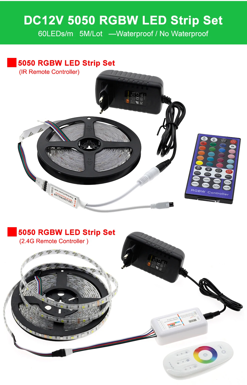 IR Remote+DC 12V Power Waterproof 5M RGBW 60Leds/M 5050 SMD 300 LED Strip Light 