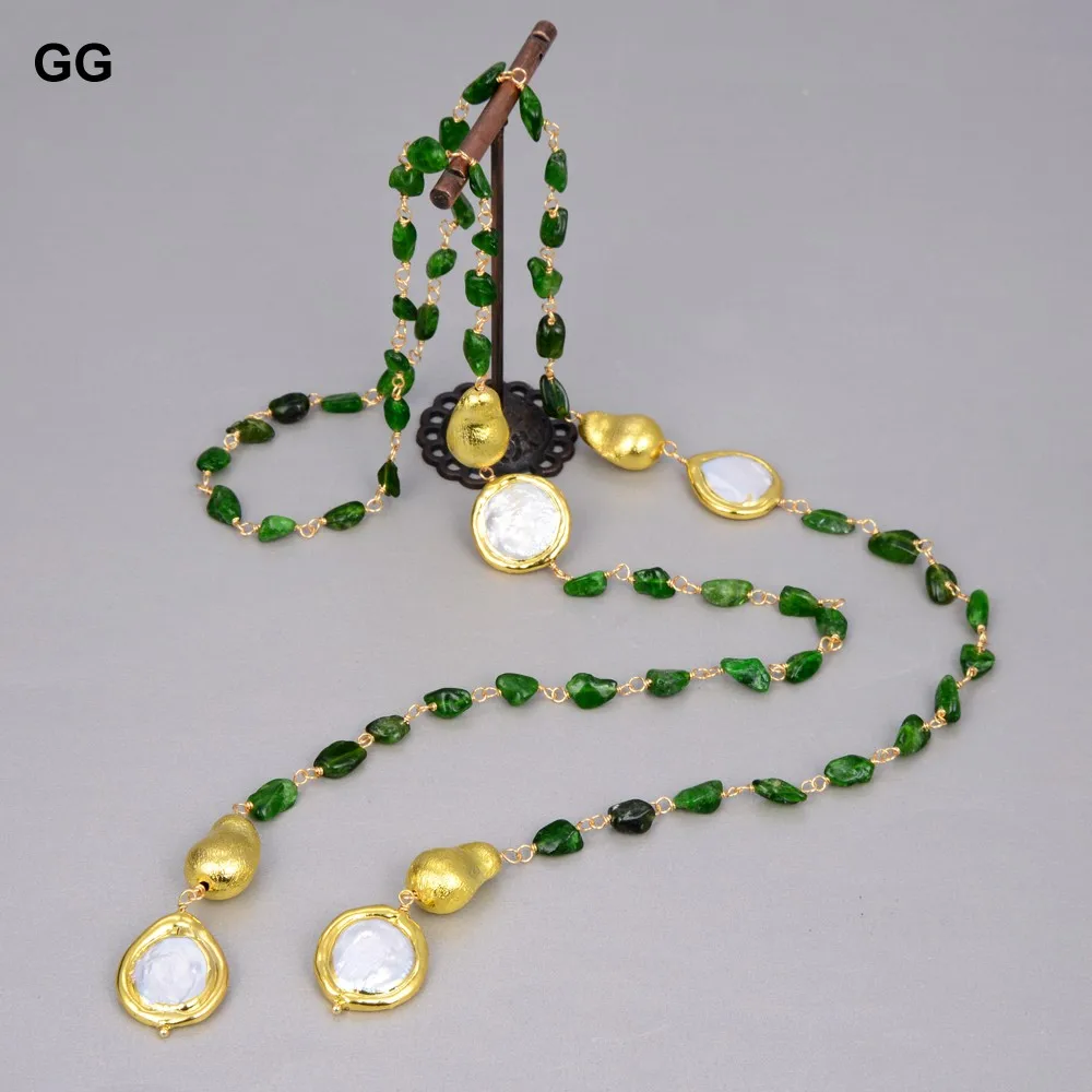 GG Natural Green Diopside Cultured White Coin Pearl Gold Plated Long Necklace 41" For Women
GG Natural Green Diopside Cultured White Coin Pearl Gold Plated Long Necklace 41" For Women
