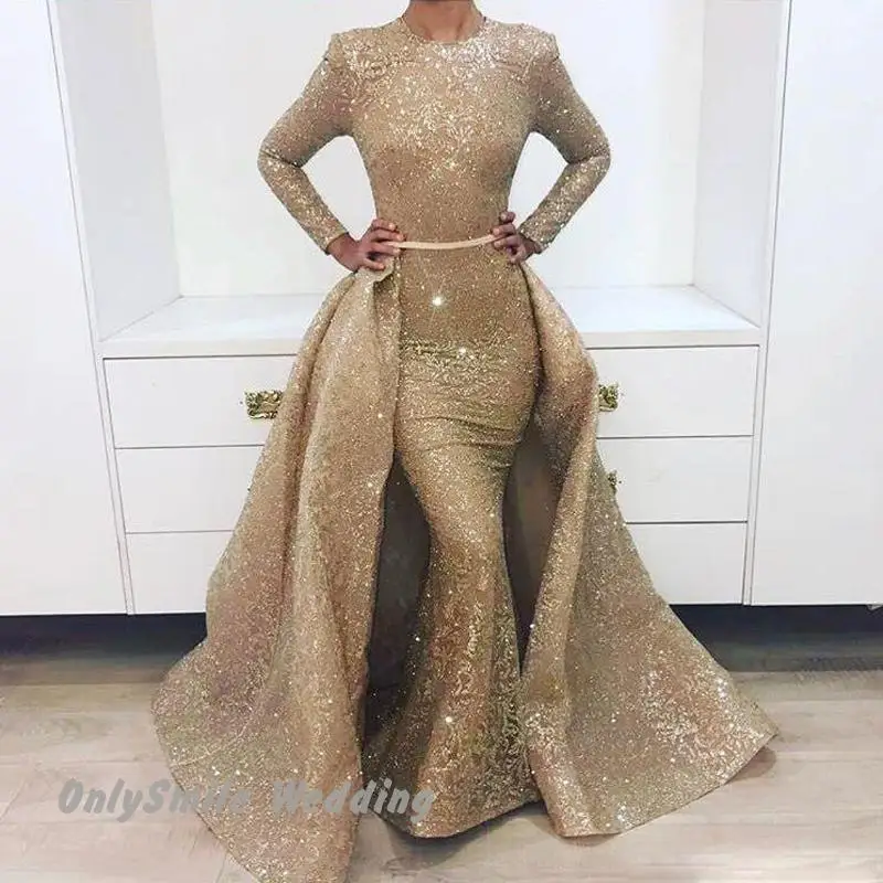 Bling Long Sleeve Gold Prom Dresses With Detachable Skirt 2 in 1 Muslim Dubai Mermaid Evening Gowns Formal Dress Real Pictures
Bling Long Sleeve Gold Prom Dresses With Detachable Skirt 2 in 1 Muslim Dubai Mermaid Evening Gowns Formal Dress Real Pictures