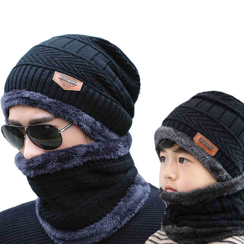 

2020 New Year Winter Hats Men's Hat Family Matching Parents Children Beanie Scarf Set Warm Knitted Hat Winter Cap czapka zimowa