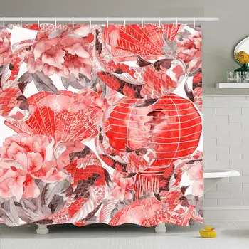 Shower Curtain Set with Hooks 72x78 Asian Blossom Symbols Cherry Pattern Japanese Carp Koi Chinese Swim Textures Fans Style