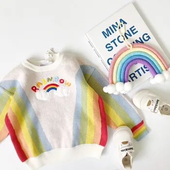 

Tonytaobaby New Lovely Foreign Style Rainbow Embroidery Knitted Sweater Neutral Style Children's Sweater
